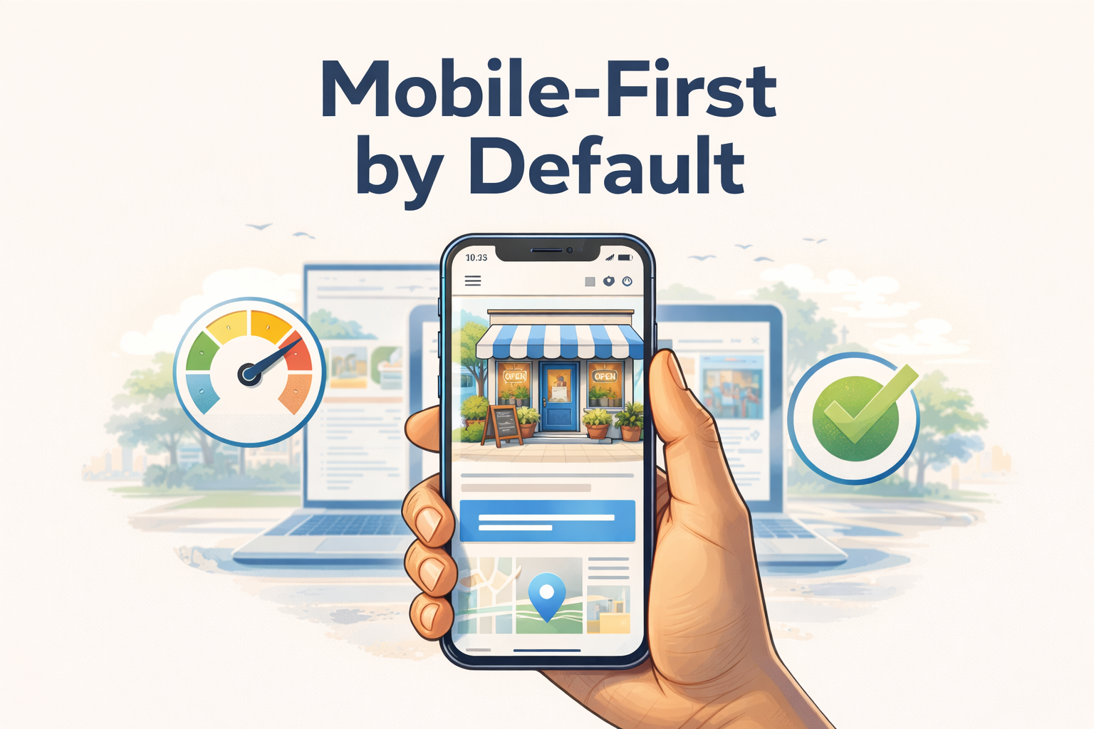 An image of a phone with a speedometer going fast and a checkmark showing a small business on the screen indicating mobile-first by default