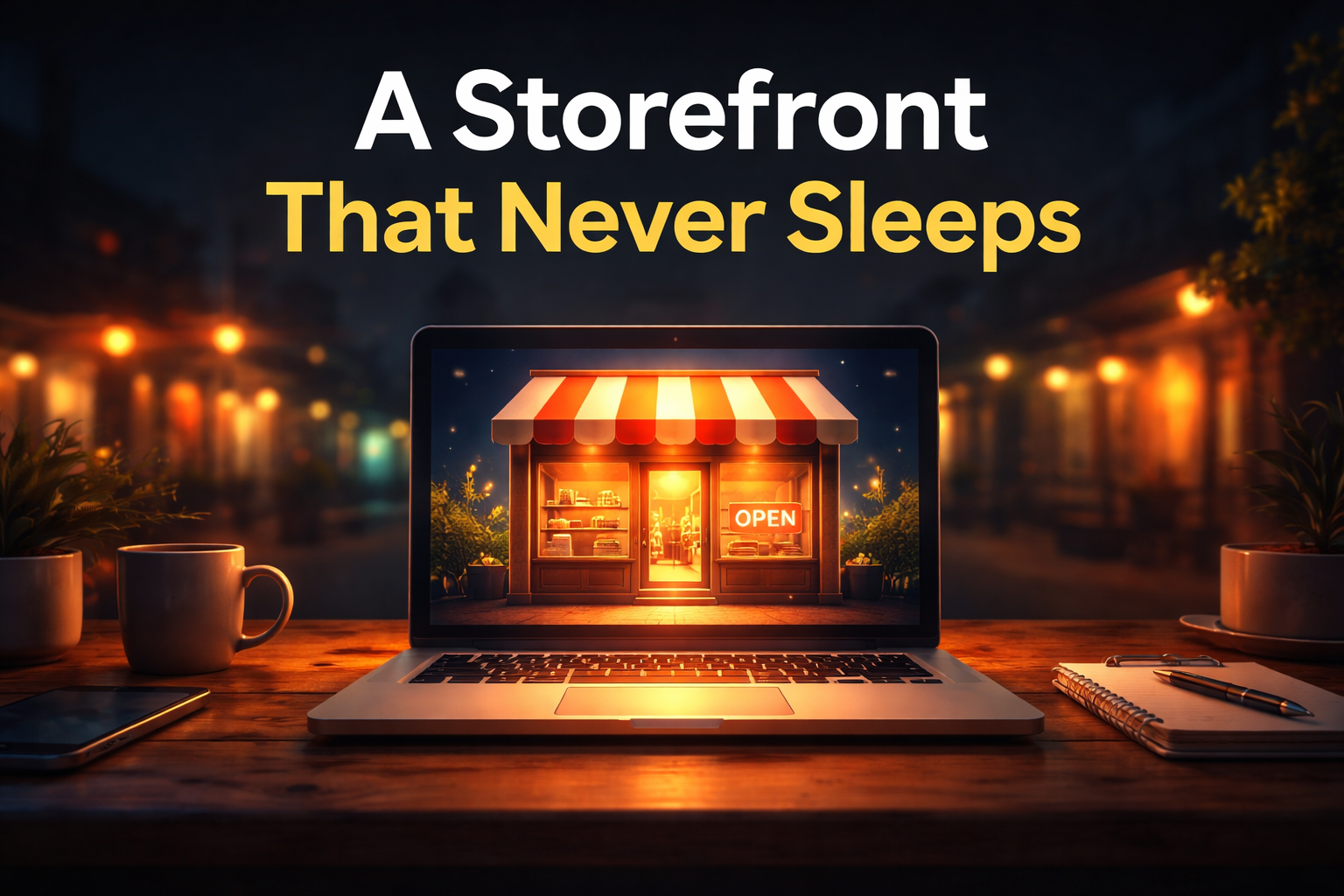 A storefront on a laptop at night with the open sign still lit